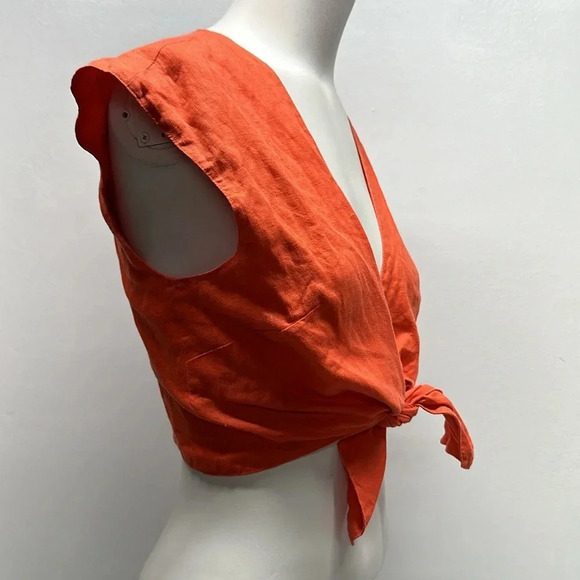 Miguelina Marcy Crop Top Cropped Tie Front Pure Linen Short Sleeve Red S Small - Picture 3 of 9